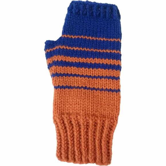 Blue and Orange Fingerless Handknit Gloves Mittens - Picture 3 of 3